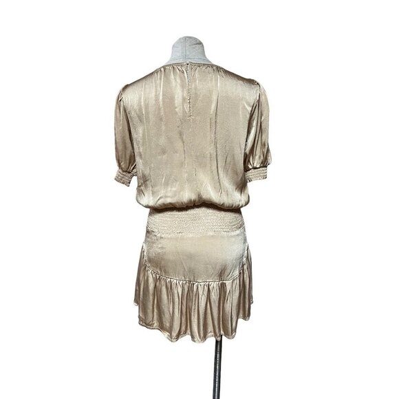 Muche Muchette Champagne Satin Mini Dress Puff Sleeve Ruffles One Size - Picture 6 of 9